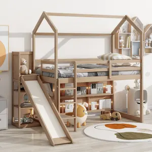 Twin House Loft Bed with Slide, Storage Shelves and Light, Wood Twin Bed Frame with Roof, Climbing Ramp