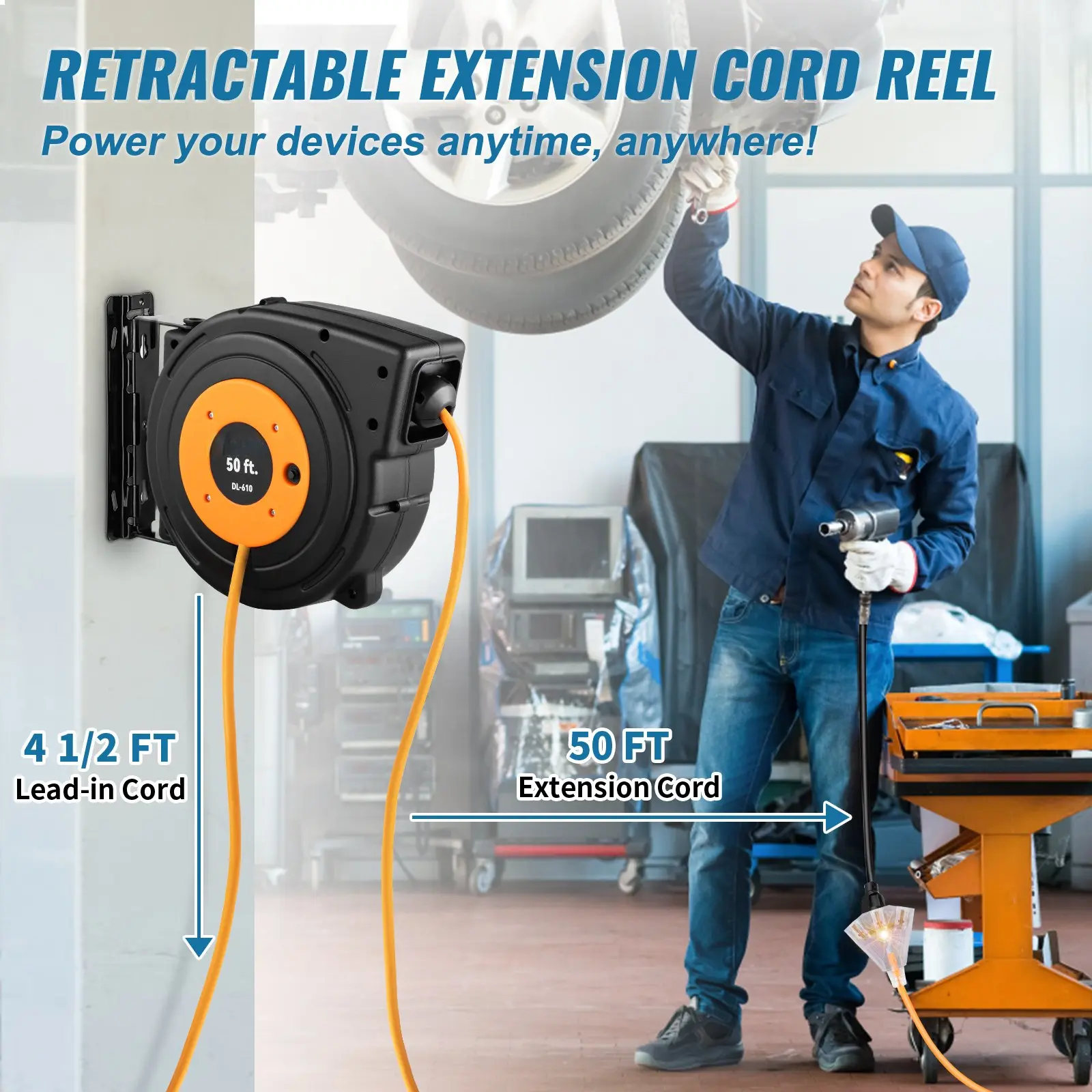 50 ft Retractable Extension Cord Reel, 14AWG 3CSJTOW Connector Cord Reel for Workshop, All-Seasons Home Improvement Electrical Equipment, 50 Ft Extension Cord