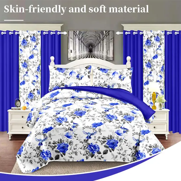 9-Piece Blue Floral Bird Print Bedroom Decor Set Bedspread Pillowcases Printed & Solid Blackout Curtain Complete Bundle