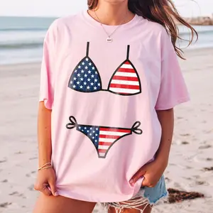 USA American Flag Bikini Graphic T-Shirt Cover Up For Women Preppy Funny Summer Vacation Novelty Graphic Tee American Summer Bikini Shirt Fourth July Beach Shirt 250th Anniversary Patriotic Shirt Independence Day Beachwear Shirt