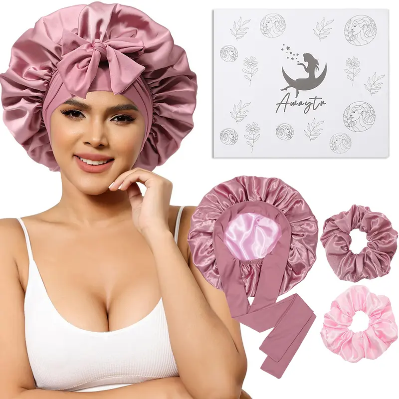 AWAYTR Women's Reversible Double-Layer Satin Hair Bonnet - Adjustable Elastic Breathable Anti-Frizz Haircare Cap for Adults with 2 Scrunchies, Great for Sleep, Workouts, Makeup