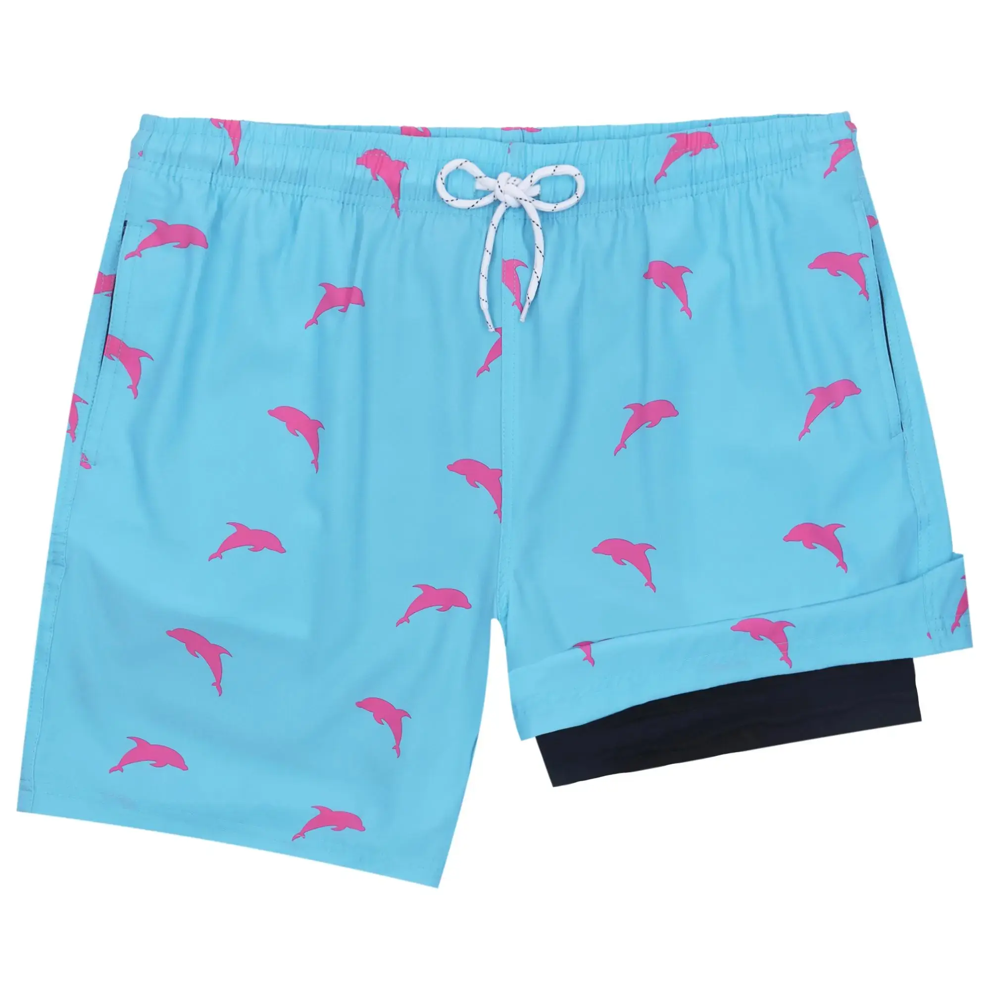 Men’s 7-in Beach-Themed Swim Trunks with Compression Liner, Quick-Dry Board Shorts for Beach Sports, Beach-Themed Men's Swim Trunks