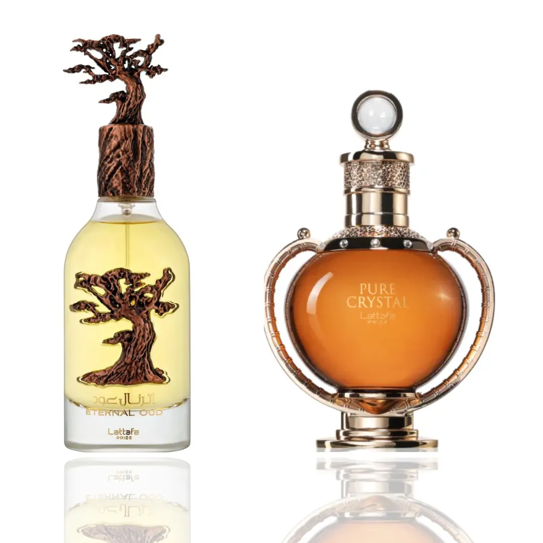 Lattafa Eternal Oud + Pure Crystal Unisex 2-Piece Classic Fragrance Ensemble Bundle, Aromatic Unisex Fragrance with Modern Amber, Citrus Berry Notes for Evening Wear (Amber Oud Bundle)