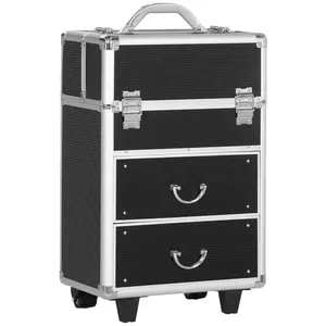 【GOOGREAT】HOMCOM Rolling Makeup Train Case, Large Storage Cosmetic Trolley, Lockable Traveling Cart Trunk with Folding Trays, Swivel Wheels and Keys, Black