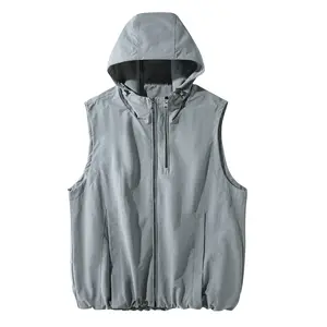 Men's Light Gray Sleeveless Hooded Vest - Full Zip Placket, Adjustable Drawstring Hood & Hem, Dual Side Pockets, Light Crinkled Quick Dry Breathable Fabric, Outdoor Sun Protection - Menswear Tops Workwear Outfits Commute Casual Gilet Jacket#SummerWins
