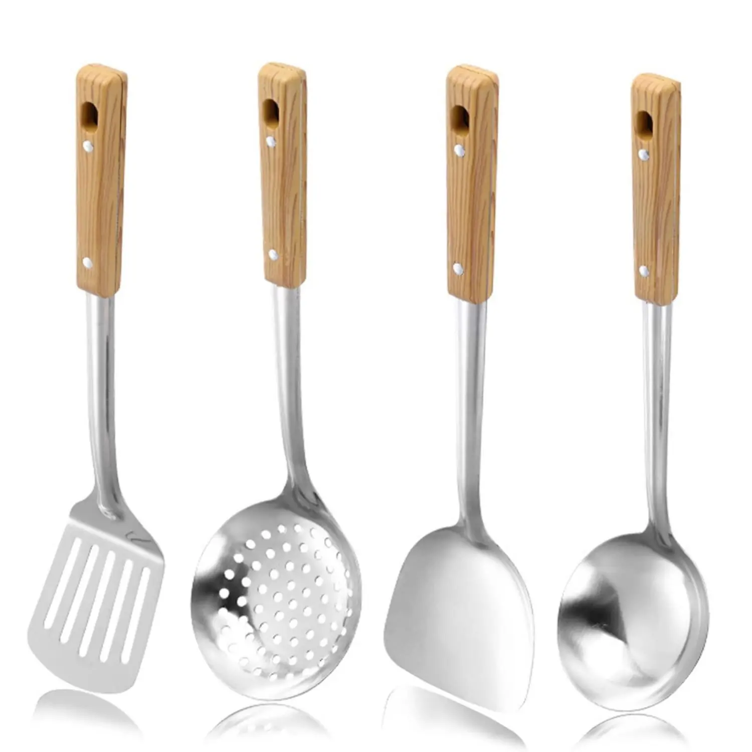4Pcs 14in Durable Stainless Steel Kitchen Wok Utensils Set - Professional Heat-Resistant Wooden Handle Cooking Tools, Including Smooth Edge Skimmer, Soup Ladle, Slotted Turner for Home Use