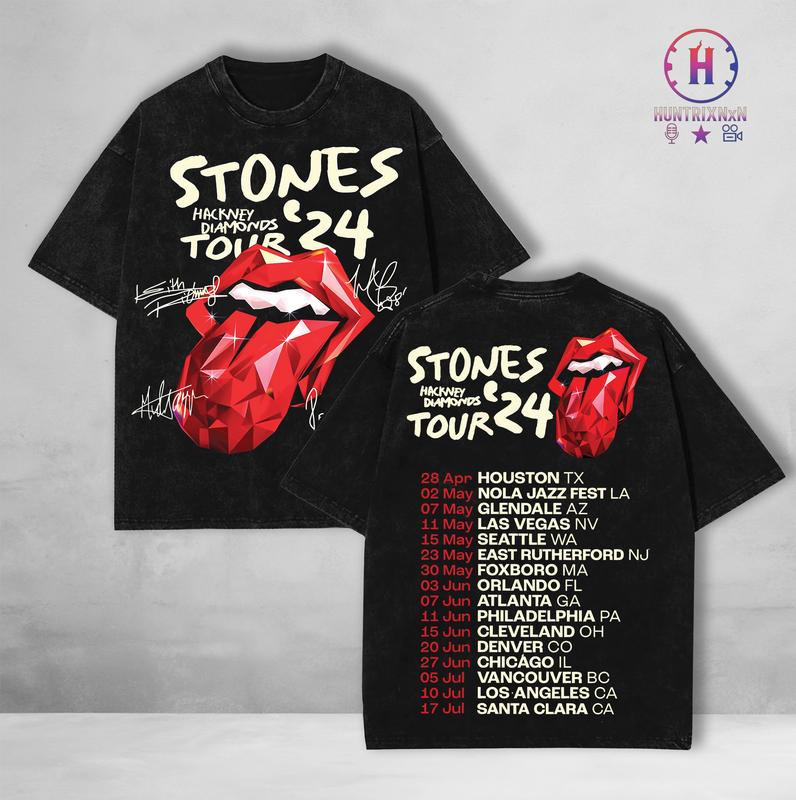 Rolling Stones Tour '24 US Hackney Diamonds Tour Dates Washed T-Shirt – Classic Rock Oversized Vintage Tee, 2024 World Tour Double-Sided Graphic Shirt, Washed Cotton Retro Band Merch for Rock & Blues Fans, Casual Streetwear Crewneck
