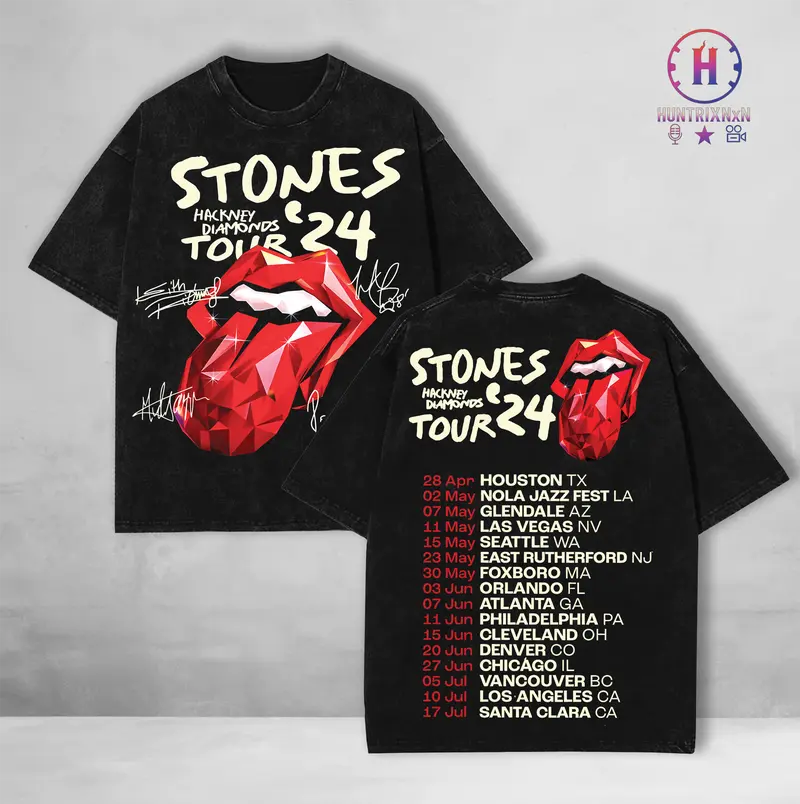 Rolling Stones Tour '24 US Hackney Diamonds Tour Dates Washed T-Shirt – Classic Rock Oversized Vintage Tee, 2024 World Tour Double-Sided Graphic Shirt, Washed Cotton Retro Band Merch for Rock & Blues Fans, Casual Streetwear Crewneck