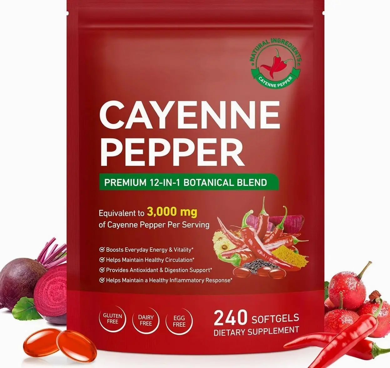 Cayenne Pepper Capsules, Cayenne Pepper Capsaicin Supplements Support Leg Vein, Heart Health and Blood Circulation, with Vitamin E D3 K2 and Extracts of Grape Seed, Beetroot and Turmeric, 240 Softgels