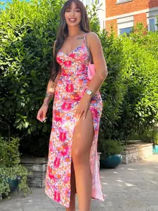 Women's Summer Multicolor Floral V-Neck Sleeveless Midi Dress, Split Thigh Backless Casual Party, Daily Wear Vacation Choice