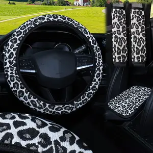 4 Pcs Leopard Print Car Steering Wheel Cover Set, Breathable Woven Fabric, Anti-Slip, Universal Fit, All Season, Men Women