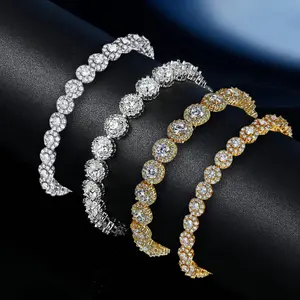 Moissanite Halo Tennis Bracelet 3.5MM 5MM Round Cut Diamond Look Iced Out Chain for Women Men, VVS1 D Color Double Halo Sparkle Luxury Wrist Jewelry, Brilliant Statement Bracelet for Wedding Party Anniversary Gift Unisex Style