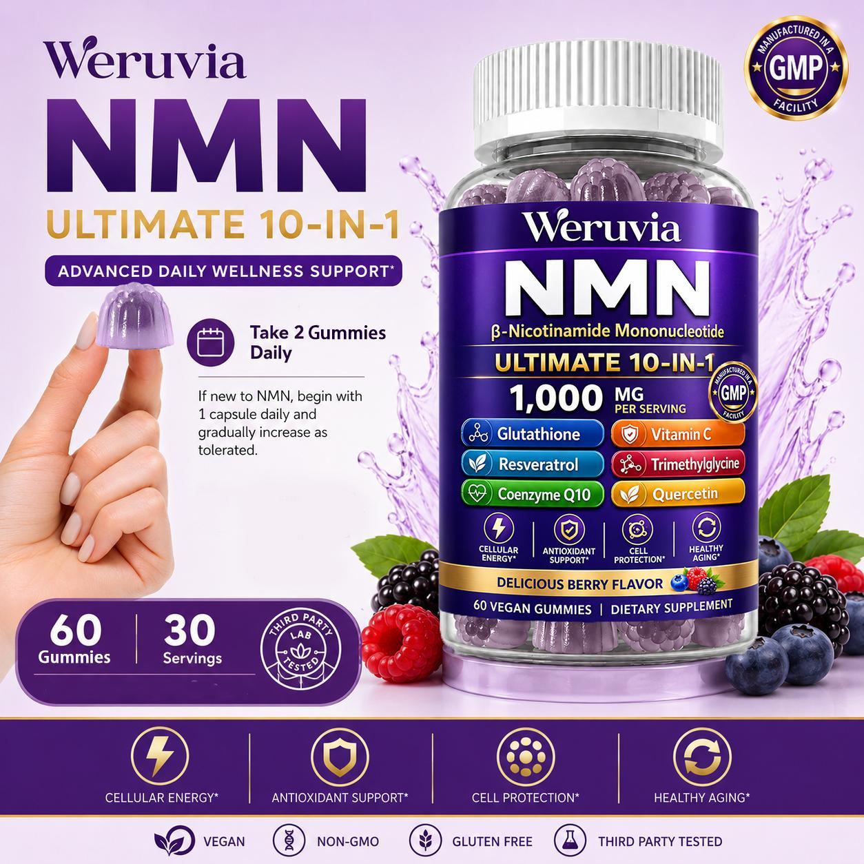 NMN Gummies 1000mg Per Serving, 10-in-1 NMN Supplement Gummies with Glutathione, Resveratrol, CoQ10, Vitamin C, Trimethylglycine & Quercetin, Berry Flavor, Vegan Gummies, 60 Count