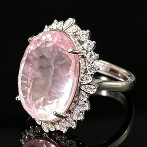 Giant 18.5x14.7mm Rose Quartz Statement Ring 925 Sterling Silver Adjustable | Cubic Zirconia Halo Crystal Cocktail Ring