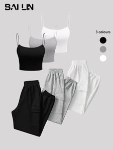 women's solid color crop cami top & elastic waist sweatpants set, minimalist casual basic sleeveless spaghetti strap crop top & flap pocket jogger pants, ladies summer clothing, matching set, casual outfits women, lounge sets, womenswear