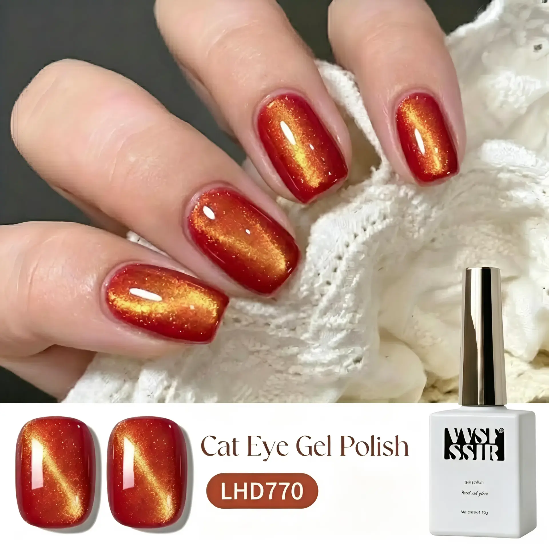 1 bottle of VVSFSSIR Cat Eye Gel Nail Polish, 10ml / 0.34 fl oz, red gold effect, high-gloss nail finish, semi-permanent soak-off formula, suitable for DIY nail art designs. 3d sculpting tpo free uv