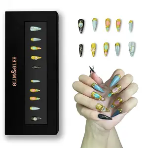 Glim&Glee Handmade Stiletto Press On Nails Anti-Wrinkle Acrylic Reusable False Nails with Gold Relief Glitter Gradient & Heart Gem Design Luxe Wearable Nail Tips in Black Box for Gifting Rhp065
