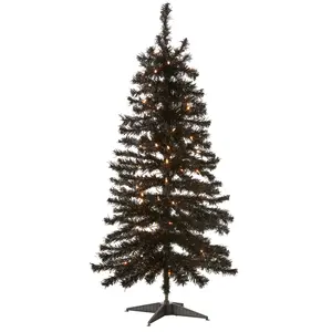 4 ft. Halloween Pre-Lit Black Tinsel Tree with White Lights, Plug-In