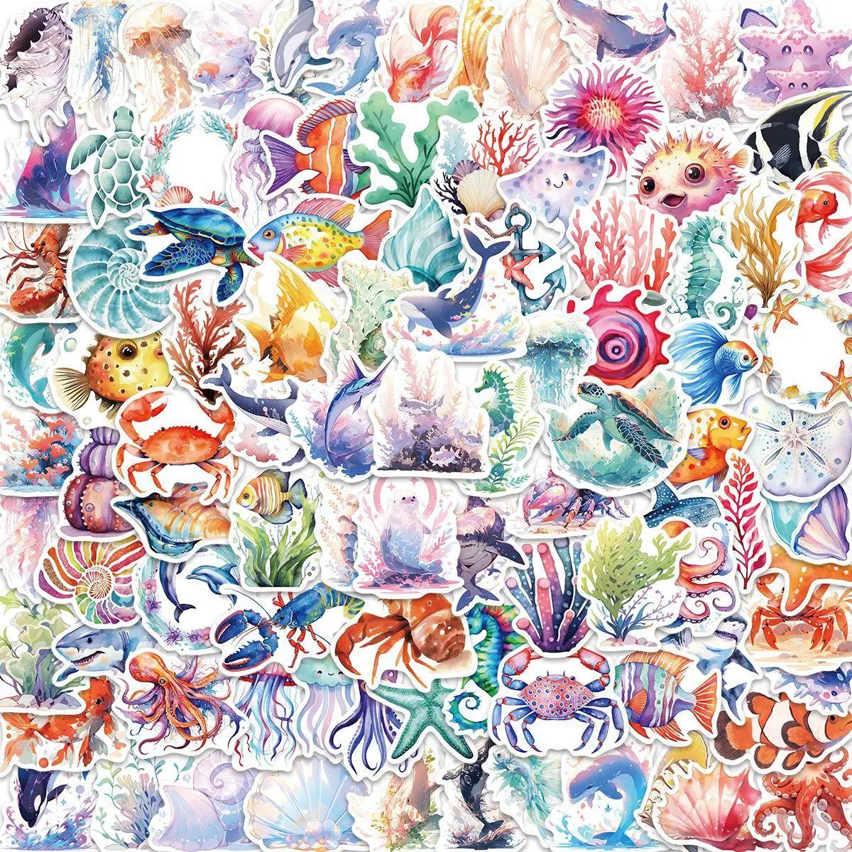 Sea Life Pattern Sticker Decal Set (100pcs/set), Watercolor Marine Life Decorative Sticker, Cartoon Sticker for Phone Case, Cellphone, Smartphone, Notebook, Handbook, DIY Decorative Sticker, Phone Decoration