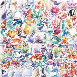 Sea Life Pattern Sticker (100pcs/set), Watercolor Marine Life Decorative Sticker, Cartoon Sticker for Phone Case, Cellphone, Smartphone, Notebook, Handbook, DIY Decorative Sticker