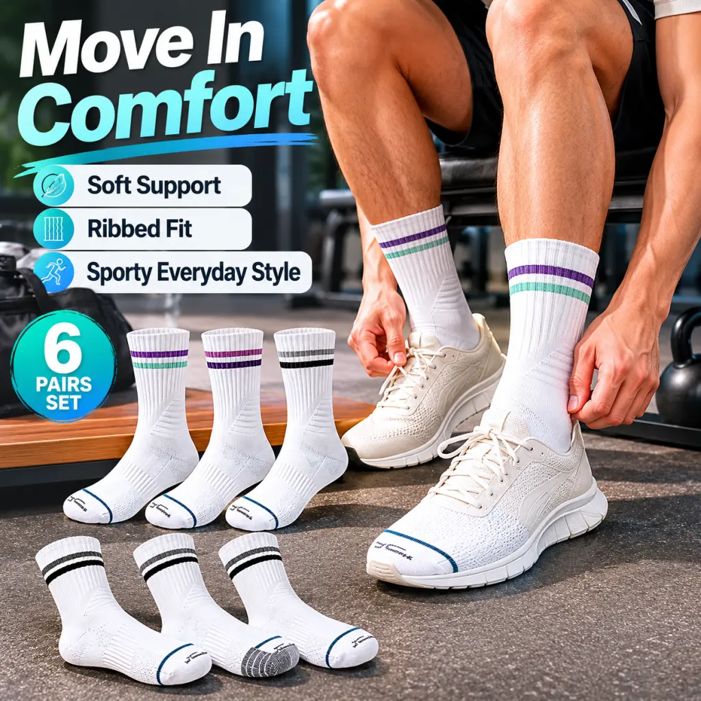 SPORTS HOUSE 6-Pair Youth Unisex Striped Crew Grip Socks in Breathable Cotton Blend, All-Season, Anti-Odor, Machine Wash, Stripe Mix, Unisex Wear