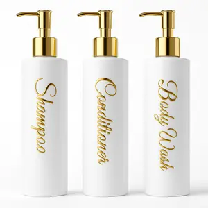Shampoo and Conditioner Dispenser - Essentials Toiletry Bottles - Shower Refillable Shampoo and Body Wash Soap Pump Bottle – 3X 16oz Containers - white or black bottles – round (cylinder / tube), square shapes – gold or black or bamboo caps and labels