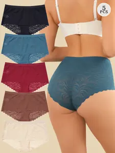 5 Pcs Multicolor Women's Lace Briefs Mid-Waist Stretchy Underwear with Extended Gusset Stretch Soft Breathable Panties for Office & Daily Wear S-XL Soft Stretch Intimates Womenswear