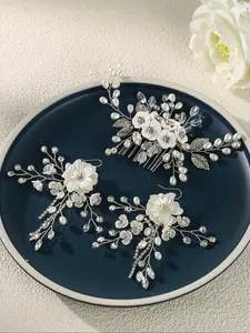 Soft Clay Flower Bridal Hair Comb, Handmade Sparkling Rhinestone Floral Earrings, Silver Color Bohemian Wedding Accessories Set for Women