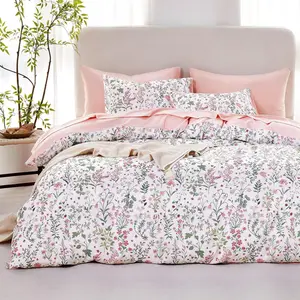Floral Comforter Set, Shabby Chic Cottage Garden Botanical Flower Style with Elegant Wildflower Pattern, Soft Lightweight Bedding, 3 Pieces, Pink White, Fu
