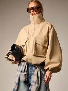 AiiRZ Women's Oversized Utility Track Top With Bellow Chest Pockets Half Zip Stand Collar Lightweight Outerwear Casual Fall Spring Jacket