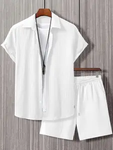 KZZ Men's Two-Pieces Outfits Set Regular Fit Solid Textured Button Shirt & Drawstring Waist Shorts Casual Boho Summer Outfits for Beach Vacation Outdoor Gifts for Him - Classic, Menswear, Cotton