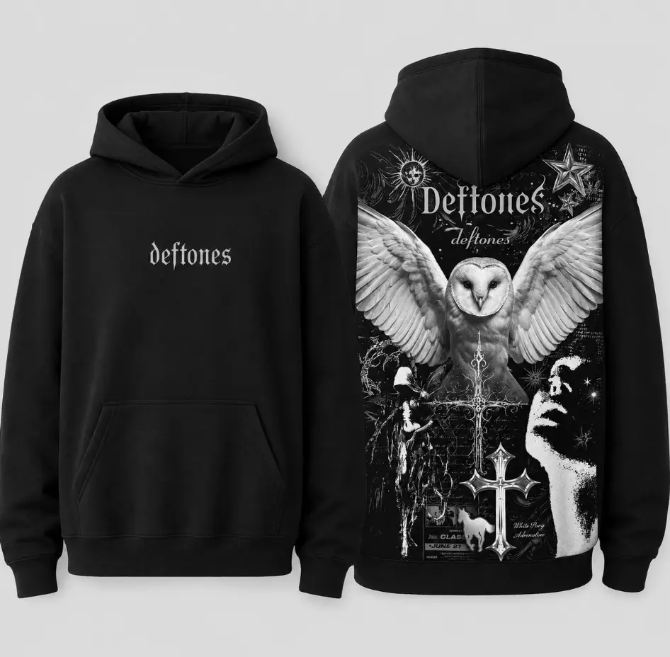 2-Sided #Deftones Dark Owl Gothic Hoodie, Oversized Back Print Hoodie, Celestial Cross Graphic, Heavyweight Unisex Men's Shirt Hoodie