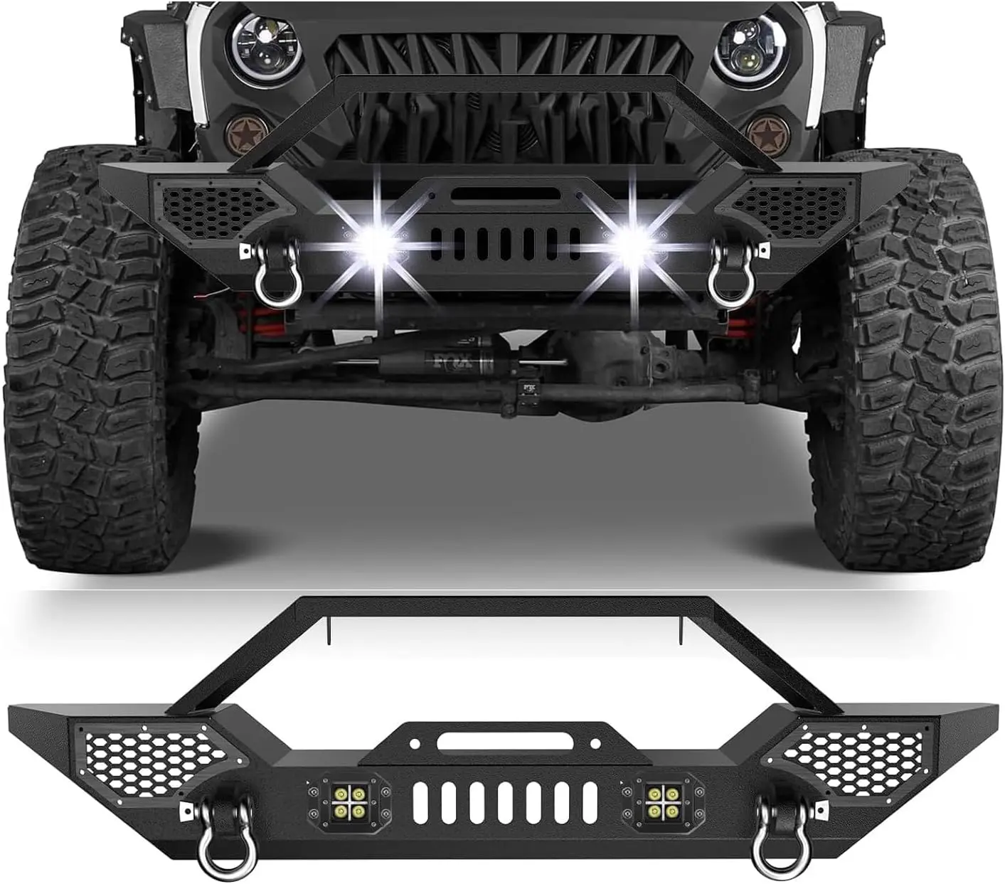 Front Bumper Compatible with Wrangler JK/JKU 2007-2018 (2/4 Doors), Full Width Off-Road Rock Crawler Bumper with 2 x LED Lights, Heavy Duty Steel
