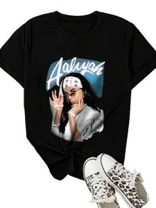 Women's Aaliyah Print Round Neck Tee, Fashion Casual Crew Neck T-Shirt for Daily Holiday Vacation Outdoor Wear, Ladies Clothes for All Seasons, Top, Womenswear