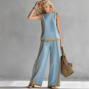 MG1 latest summer boho fashion women’s two-piece set: comfortable sleeveless casual top and relaxed-fit wide-leg pants. Lightweight, breathable loungewear outfit for daily wear, travel, office, street, and party.