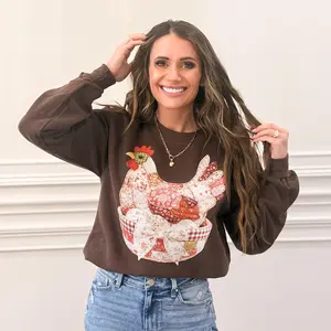 Vintage Faux Patchwork Hen Thrifted DTF Print, Retro Cottage core, Hen In Nest, 90s Grandma Core Inspired, Granny Sweater Style, Trendy Sweatshirt (NOT Real Fabric Patches)