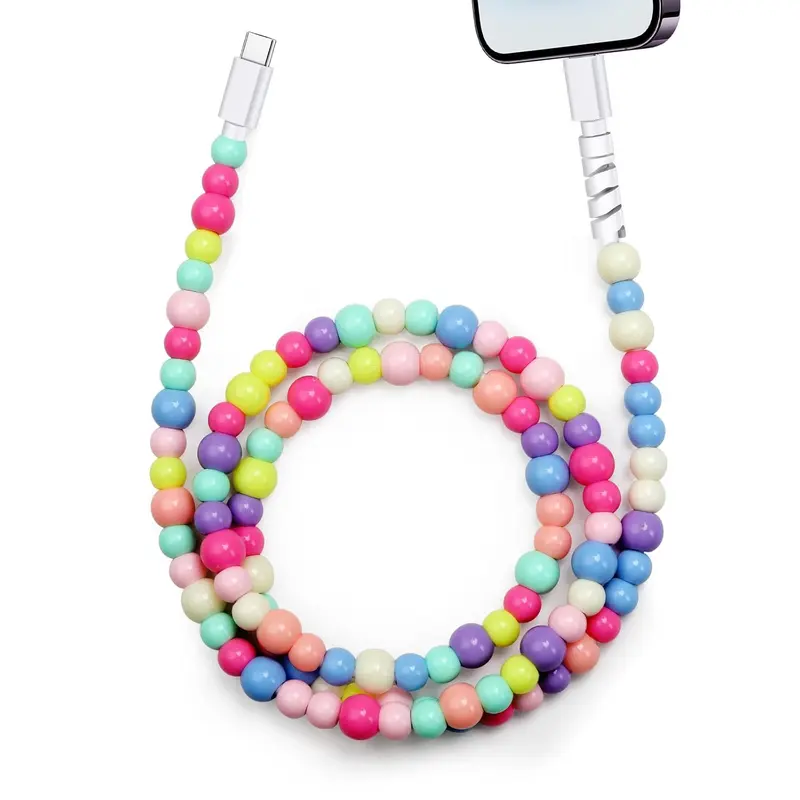 Beaded Charging Cable - 1m Colorful Mermaid Beads 4-in-1 Data Line, Phone Accessories, Compatible with USB-C/Lightning, Fits All Devices, US-Compatible for Smartphones & Electronic Devices