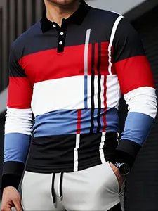 Men's Casual Long Sleeve Shirt, Colorblock Design, Fitted Style, Spring & Fall Wear, Comfortable Outdoor Leisure Clothing, Color Block Shirts