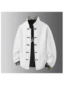 1 PC Men's Lightweight Spring Short Lapel Long-Sleeve Coat Simple and Versatile, Plain and Rustic Chinese Style Collar and Sleeve Print Design, New Chinese Long-Sleeve Coat, Ethnic Han Costume, With Pockets and Rope Buckles