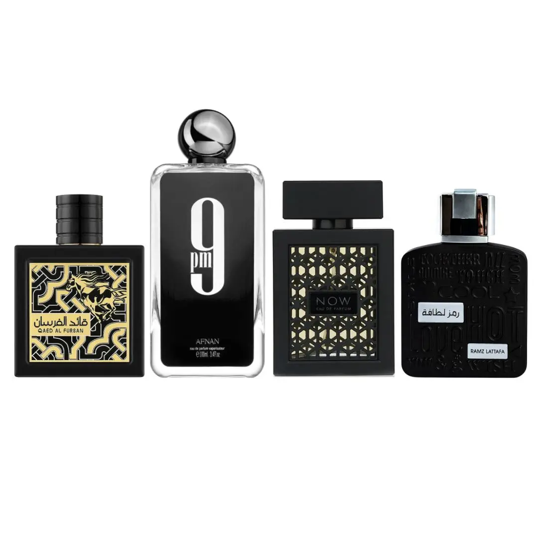 Afnan 9PM +RAVE NOW BLACK (MEN)+ RAMZ LATTAFA SILVER + QAED AL FURSAN - Fragrance Gift Bundle, Men's Fragrance
