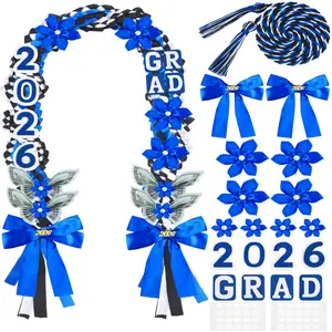 21Pcs 2026 Graduation Leis, 50 Inch Class of 2026 Double Braided Money Lei with Satin Ribbon Flowers, Blue Yellow White Graduation Gifts for Men Women