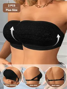 2pcs Plus Size Strapless Bras, Wireless Bra with Buckle, Slim-Fitting Casual Style, Plain Design, Max Support, All Seasons
