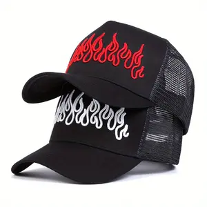 Unisex Flame Embroidered Baseball Cap Mesh Hat Outdoor Sport Adjustable Sunscreen Leisure Hat Spring Autumn Travel Tourism Beach Vacation