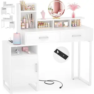 Vanity Desk, Small Vanity Desk with Power Outlet, Makeup Desk with Drawers and Cabinets, Vanity Set with Storage Shelves for Bedroom, No Mirror