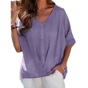 Plus Size - Plus Size - Plus Size Women'S  Shirt, New Summer Fashion And Short Sleeves Vneck Collars  cotton linen fabric Solid Blouse Womenswear Top Shortsleeve Casual