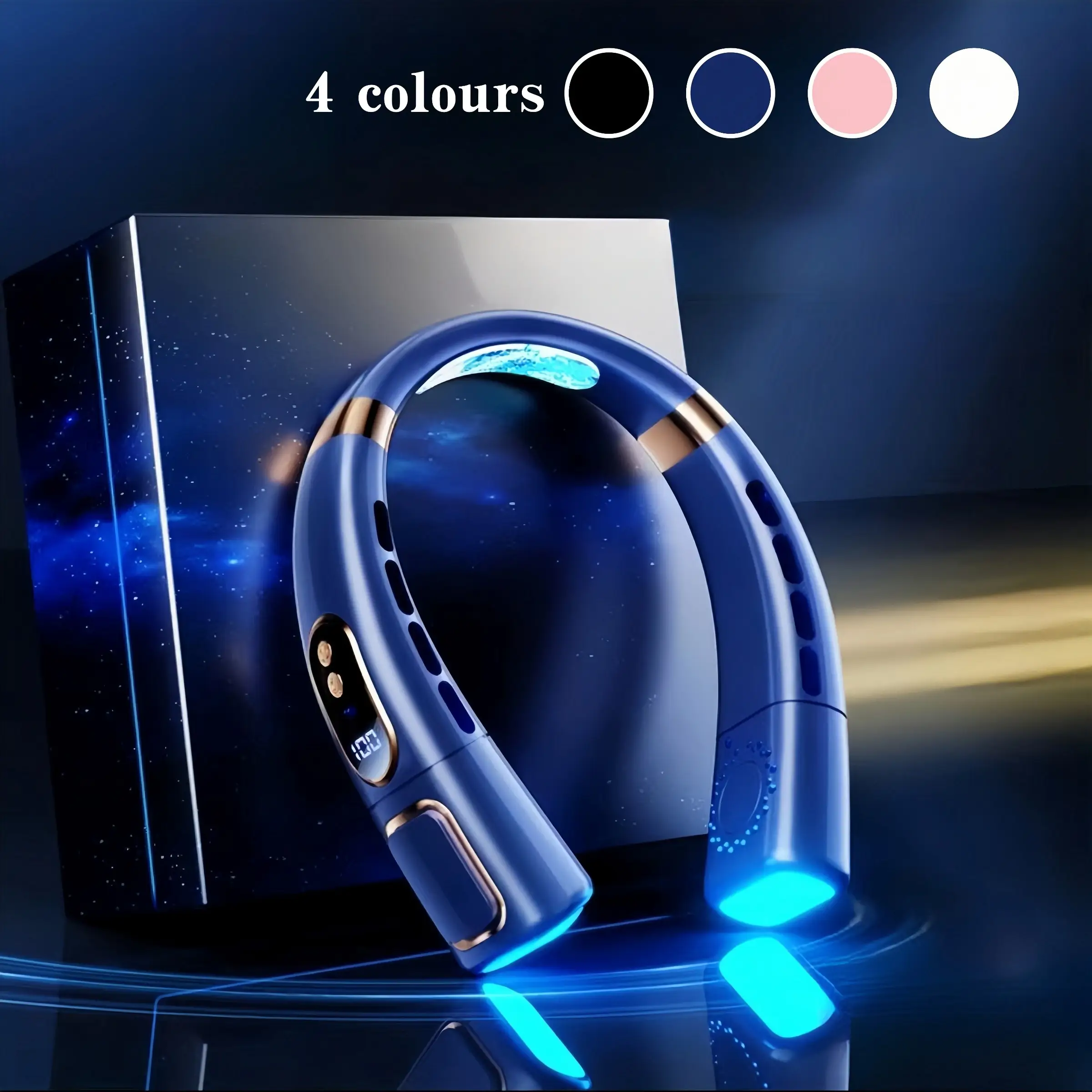 USB Rechargeable Neck Fan, Wireless Portable Cooling Device, Strong Wind Quiet Operation, Colorful Lights, Adjustable Cooling Fan, Ideal for Outdoor S