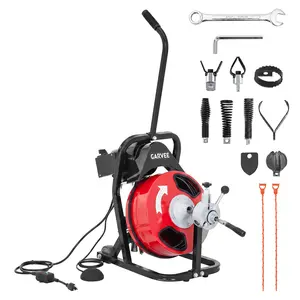 Garvee 250W Electric Drain Cleaner Machine – 75FT/50FT Sewer Snake Auger, 3/8" or 1/2" Cable with Auto-Feed, Air-Activated Foot Switch, 4 Cutter Heads & Semi-Enclosed Drum – Powerful Drain Clog Remover for Sinks, Toilets, Tubs, Floor Drains, Home