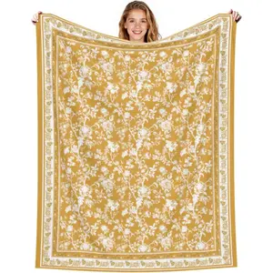 Yellow Flannel Throw Blanket Yellow White Floral Ultra Soft Cozy Warm Quilted Fluffy Blanket Chinoiserie Decor Rustic Farmhouse Blanket for Sofa Home Sofa Bed