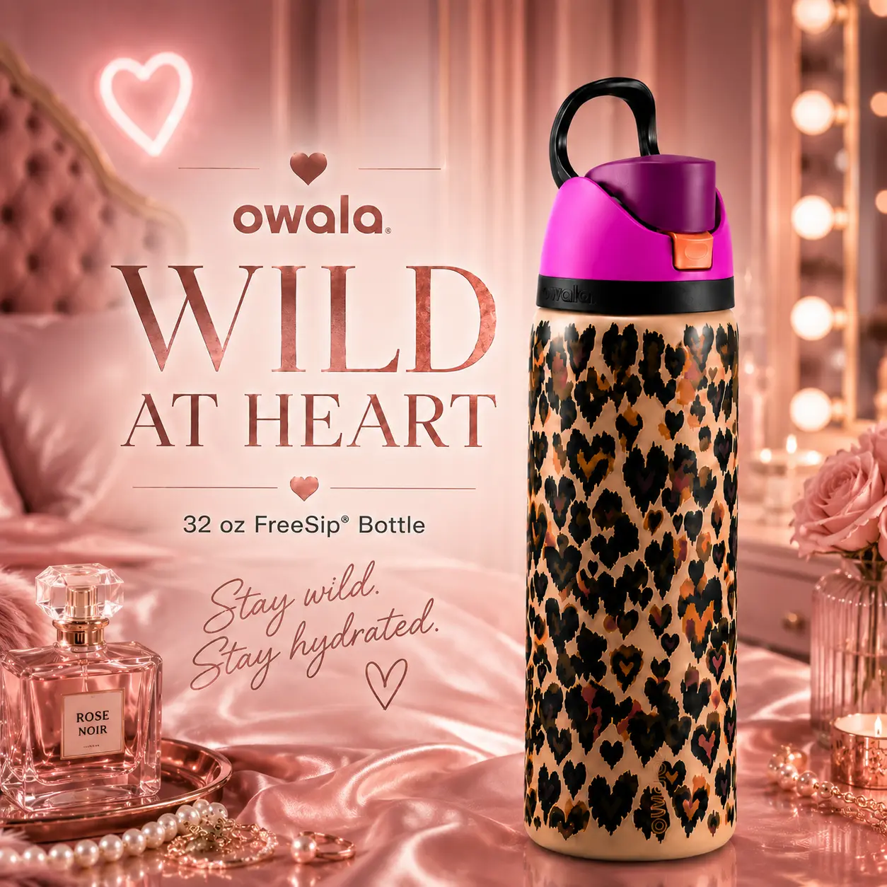 Owala FreeSip Wild at Heart 32 oz Insulated Stainless Steel Water Bottle – Leopard Heart Print