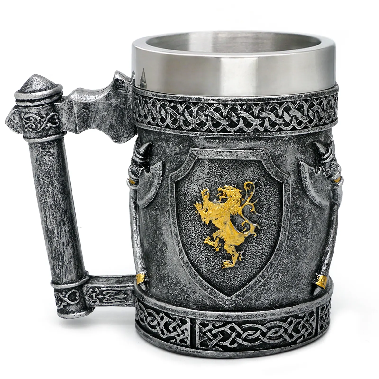 alikiki Large Medieval Axes Tankard Mug 21oz - Kingdom Of England Lion Heart Crest Beer Stein Stainless Coffee Cup Gifts for Men Renaissance Art Norse Decor Home Kitchen Party Decoration